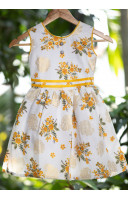 White And Yellow Printed Cotton Kids Dress (KR1207)
